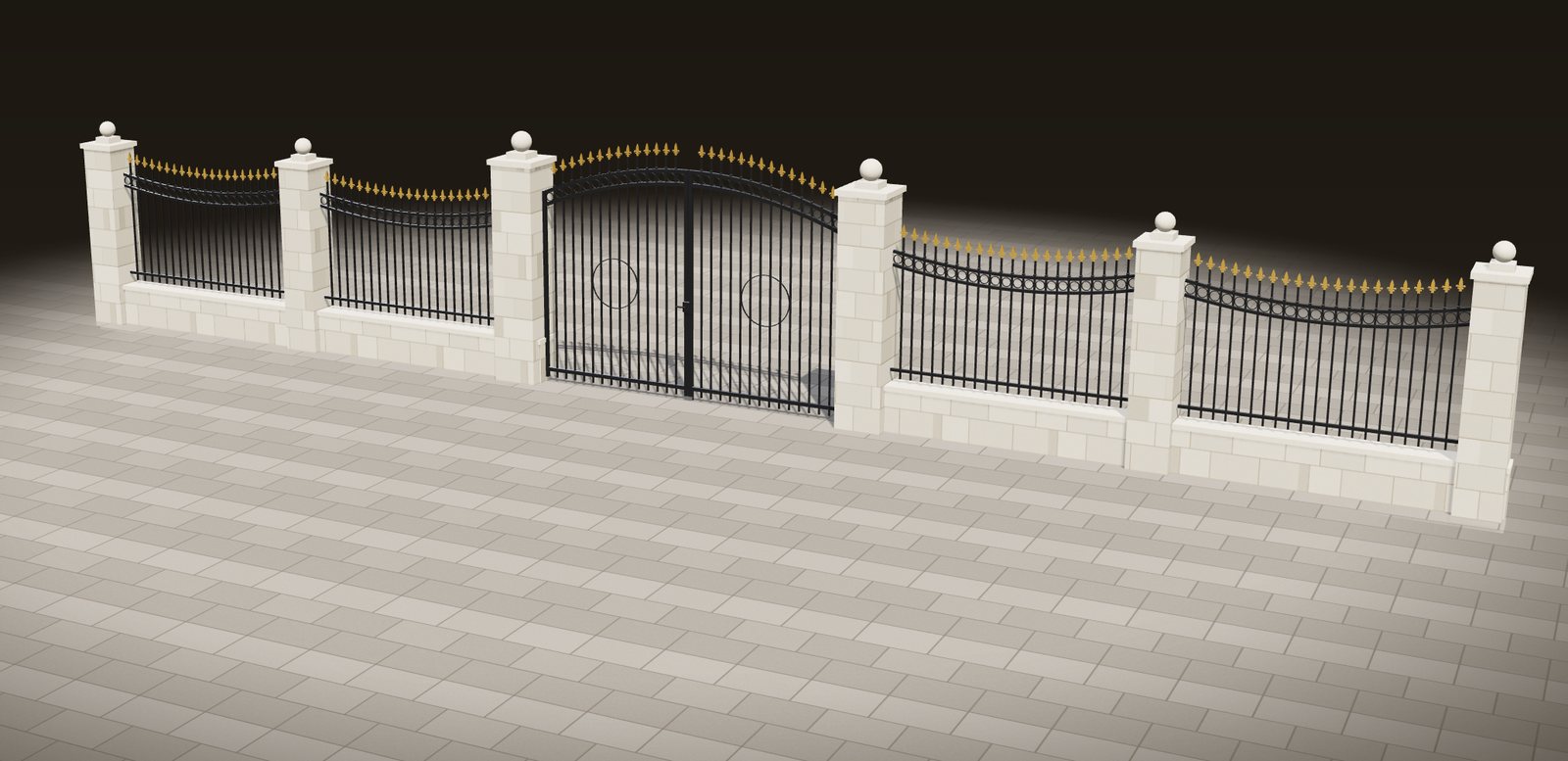 3D prikaz iz konfiguratora: kovana ograda sa zlatnim vrhovima, kamenim stupovima i dvokrilnom kapijom na popločenom prilazu